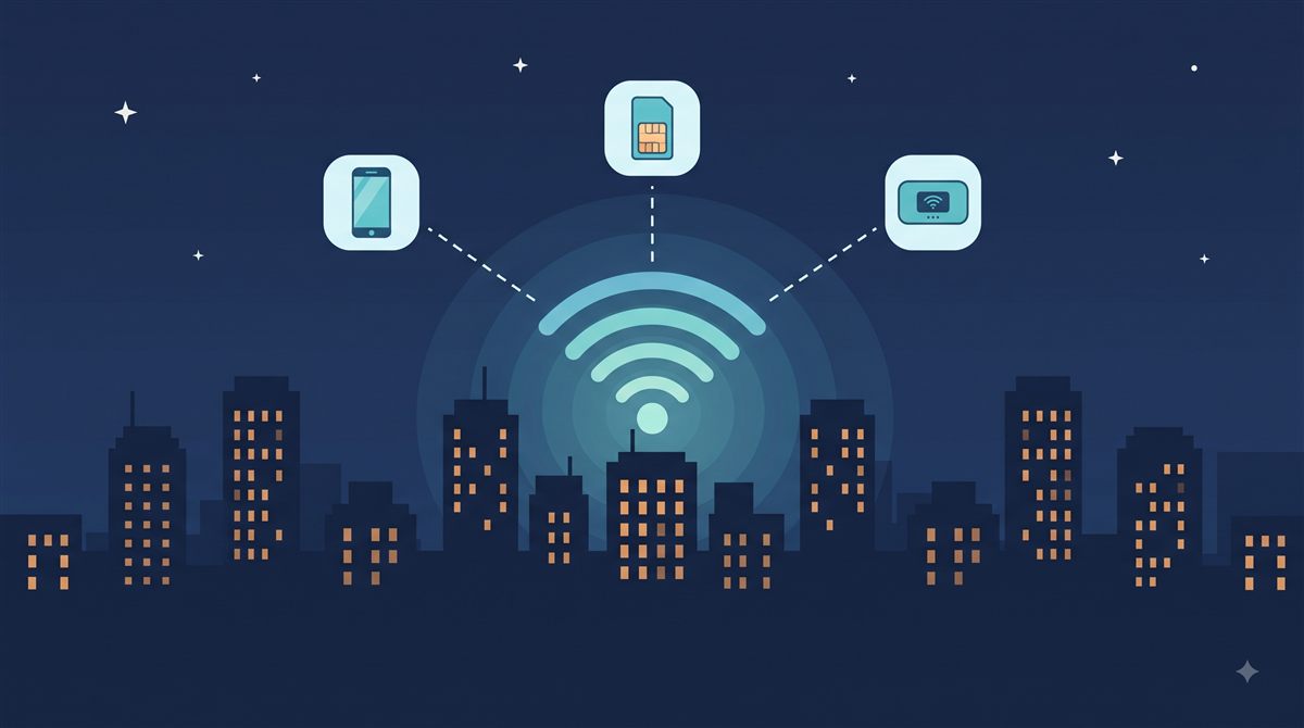 Conceptual illustration of staying connected to the internet while traveling in Korea